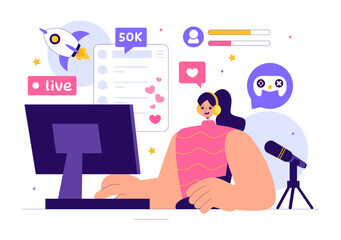 Video Game Streaming Vector Illustration featuring a Professional Cute Gamer Playing Online Games and Live Streaming on a Platform in a Background