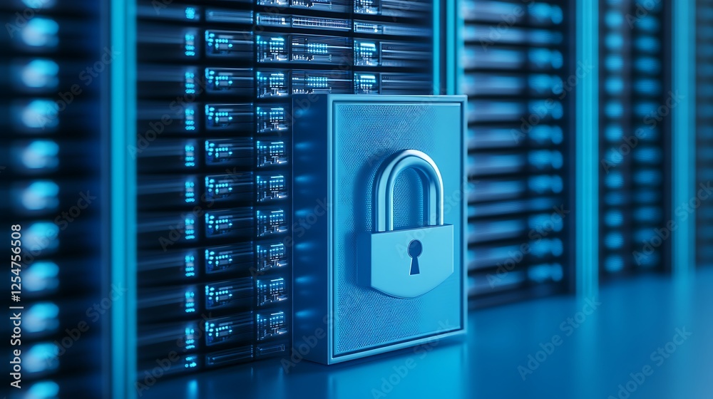 Poster digital security concept with locked padlock in front of server racks and data storage systems