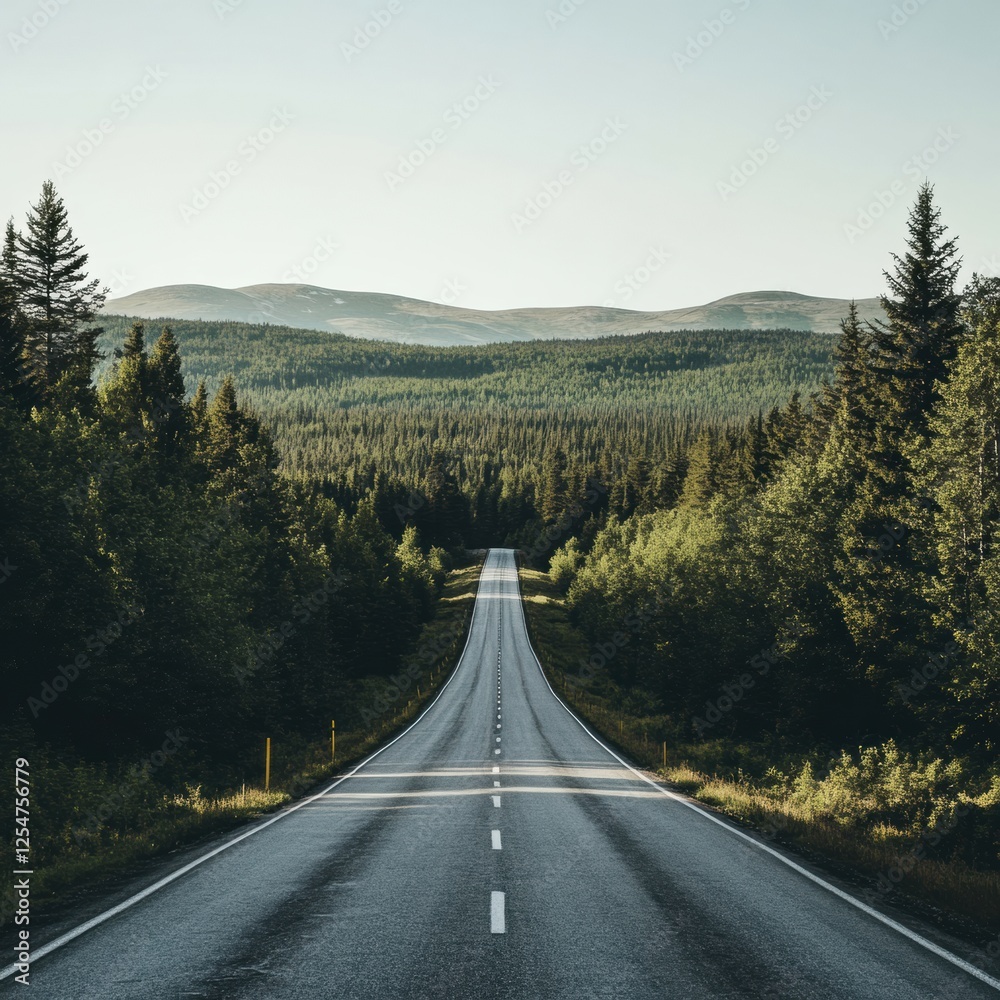 Aufkleber straight road winding through a dense forest with mountains in the distance during daytime. generati