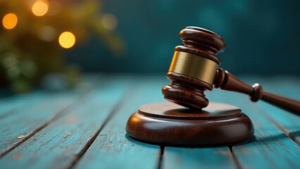 A Gavel Rests on a Wooden Sound Block, with a Blurred Festive Background