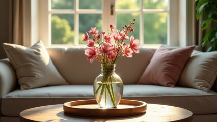 Sunlight illuminating pink blossoms in a glass vase on a wooden coffee table, beside a comfortable sofa with plush cushions, bathed in the warm glow of a window's natural light.