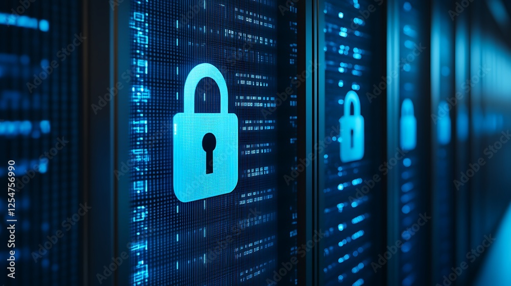 Poster digital security concept with padlock icons on a high-tech data background in blue tones for technol