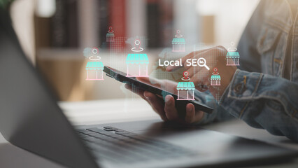 Local marketplace e-commerce concept, local SEO strategy, local search optimization, small business, and retail. Businessmen use smartphones with local marketplace icons on virtual screens.