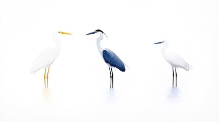 Obraz premium Three elegant herons standing in shallow water, showcasing their distinct colors against a serene backdrop