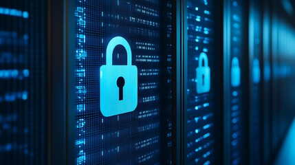 Digital security concept with padlock icons on a high-tech data background in blue tones for technology themes