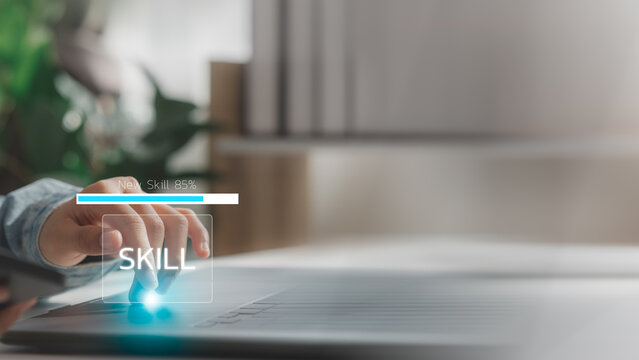 Up skill and personal development concept. employee pointing arrow to upskill or reskill, kill training, education, learning, ability, knowledge and competency for digital transformation.