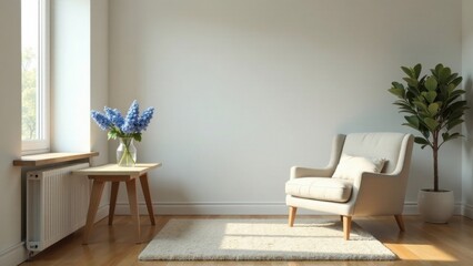 Serene Living Room Interior Design with a Comfortable Armchair, Soft Rug, and Simple Side Table Featuring a Bouquet of Blue Flowers