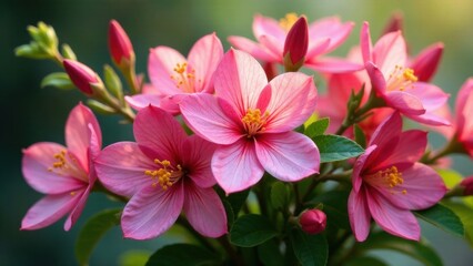 Delicate Pink Blossoms in Soft Sunlight A Close-Up View of a Cluster of Flowers with Vibrant Petals and Golden Centers
