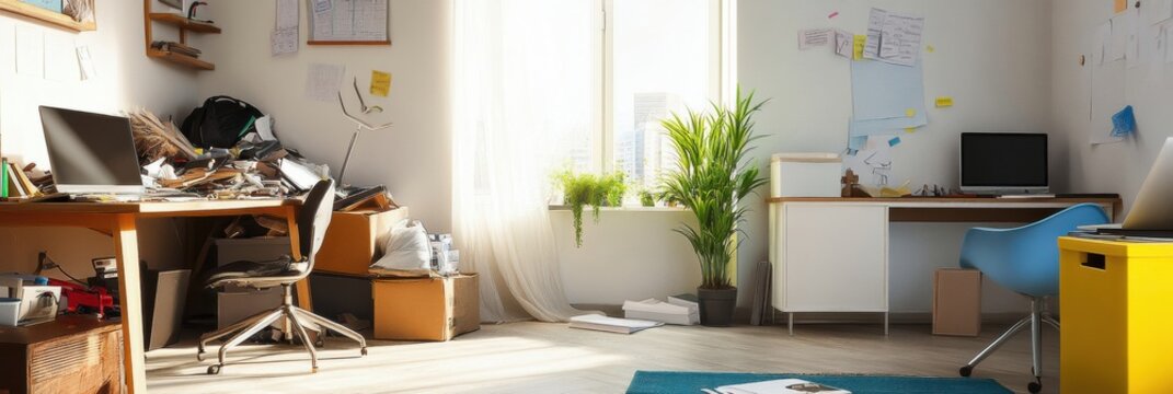 Contrasting interior spaces with clutter on one side and a neat, organized setup on the other side. Generative AI