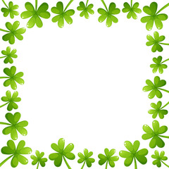 Vector frame of clovers and shamrocks for St. Patrick's Day, with space for text on white background. Green leaves, square frame.