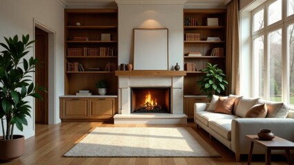 Relaxing Living Room with Cozy Fireplace and Built-in Bookcases