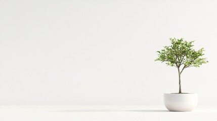 Obraz premium Minimalistic indoor scene featuring a small potted tree on a clean white surface, evoking tranquility