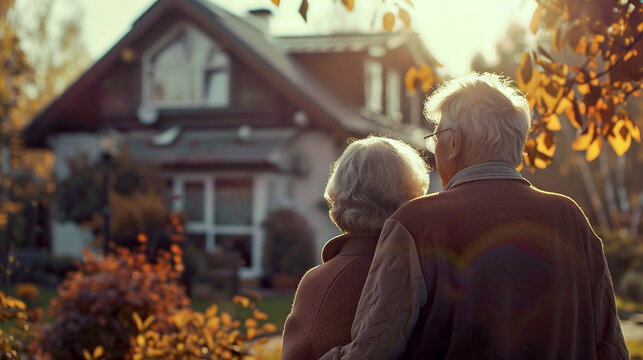 Happy senior family standing looking on their house. Elderly couple hugging. Retirement home, reverse mortgage loan for seniors concept