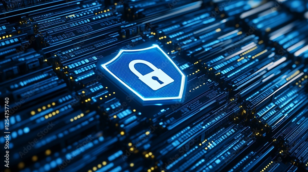 Poster digital security concept with shield and lock symbol illuminating a high-tech server environment