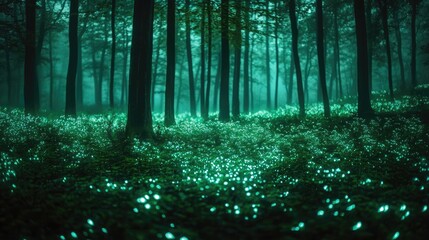 Fototapeta premium Glow forest idea. Mystical glowing forest at night, filled with enchanting lights and serene atmosphere.
