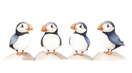 Naklejka premium Four charming puffins standing on rocks, showcasing their colorful beaks and unique postures