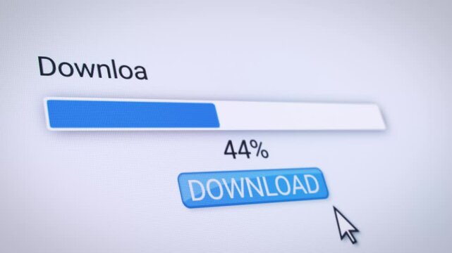 Video animation of a website with a blue download button. A computer monitor that displays the information about the downloading of data with percentages in real time.