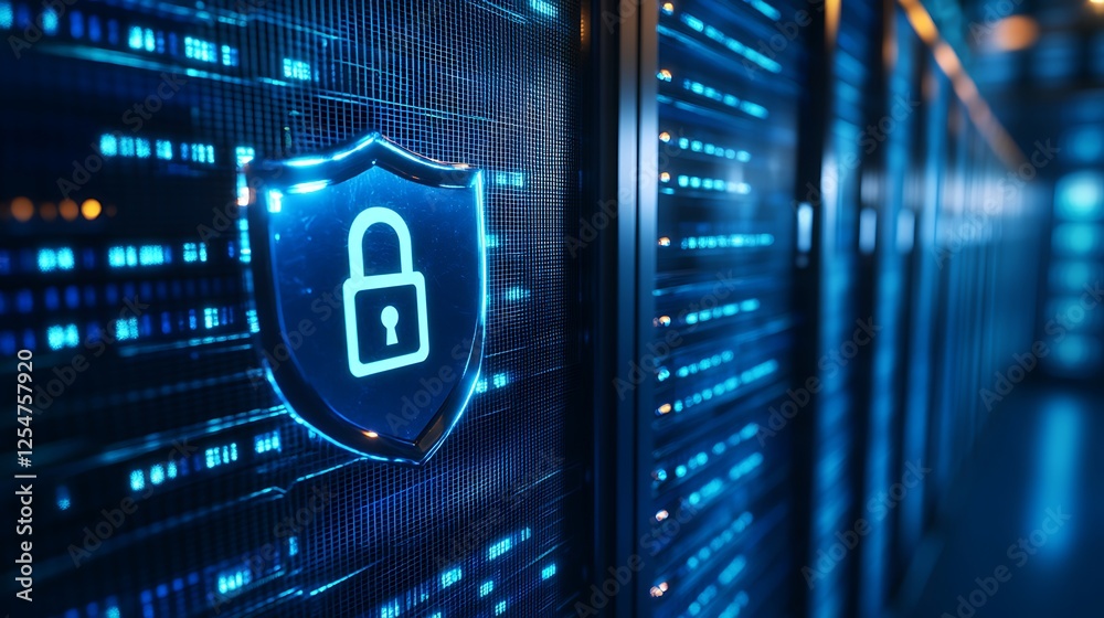 Poster digital security concept with shield icon and data server background for cyber protection and techno