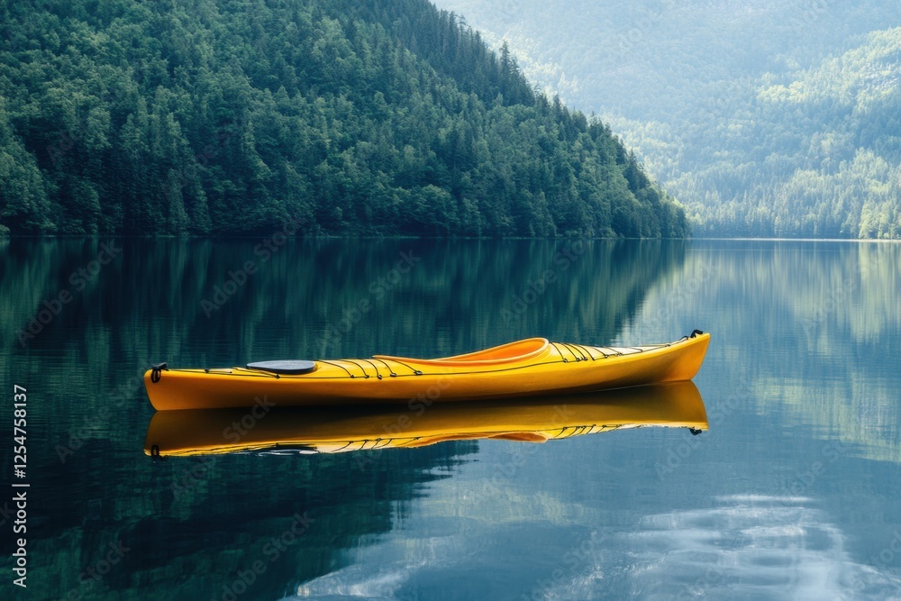 Aufkleber lone yellow kayak gently floats on a calm mountain lake surrounded by serene forested slopes. genera