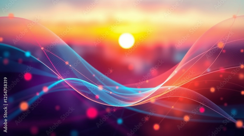 Poster abstract data network with glowing lines and nodes on colorful background