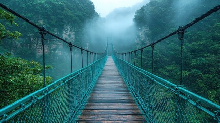 Obraz premium Misty suspension bridge surrounded by lush green mountains, creating a serene and tranquil atmosphere