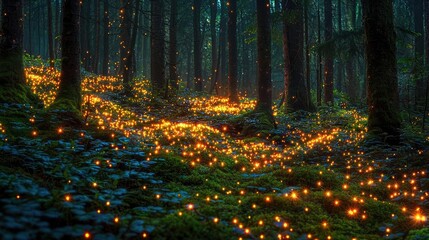 Glow forest concept. Magical forest scene illuminated by glowing fireflies at dusk, creating a dreamlike atmosphere.