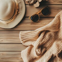 Fashion accessories arranged on wooden table including hats, scarves, and sunglasses for stylish looks. Generative AI