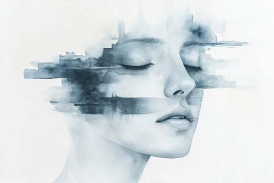 Abstract Watercolor Artwork Featuring A Female Face with Soft Blue Strokes, Calm and Serene Concept, Minimalist Design with Copyspace.