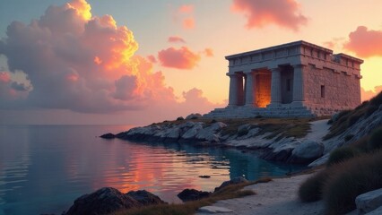 Serene Coastal Temple at Sunset A Picturesque View of Ancient Architecture Reflected in Tranquil Waters