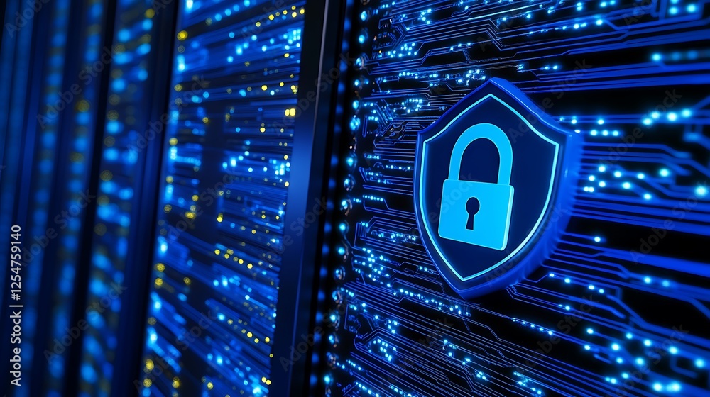 Poster digital security shield symbol on server background with glowing circuitry and data protection conce