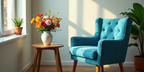 Sunlight illuminates a vibrant floral arrangement in a vase, situated on a small wooden table beside a teal upholstered armchair in a sunlit room.
