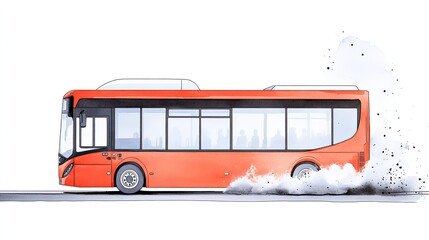 Bright red bus speeding along a road, creating a cloud of dust, with passengers visible inside