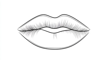 Close-up line art female lips, white background, beauty