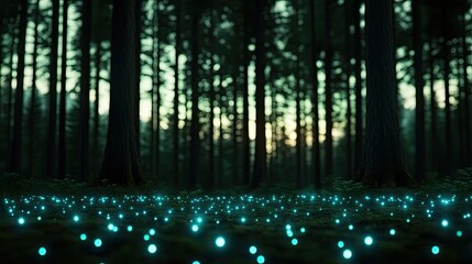 Glow forest concept. Enchanting forest scene illuminated by glowing flora under a tranquil twilight sky.