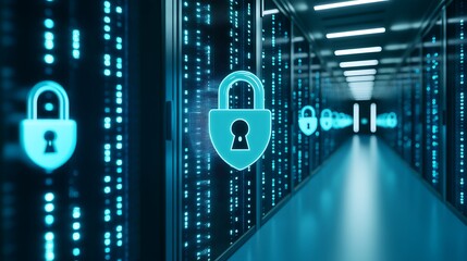 Futuristic Data Center with Digital Security Locks and Glowing Binary Codes in a High-Tech Environment
