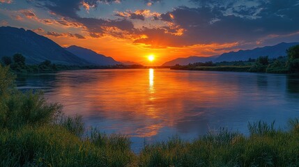 Fototapeta premium Serene sunset over a tranquil river landscape