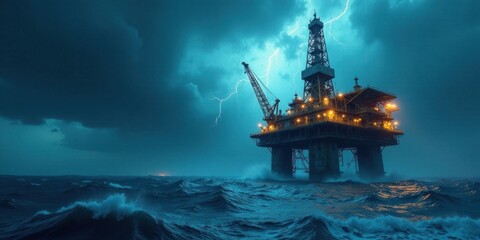 Fototapeta premium Offshore Oil Rig Braving a Furious Storm at Sea with Dramatic Lightning