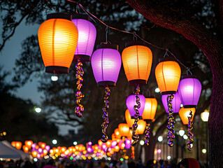 Colorful lanterns glow on festive Mardi Gras night under tree