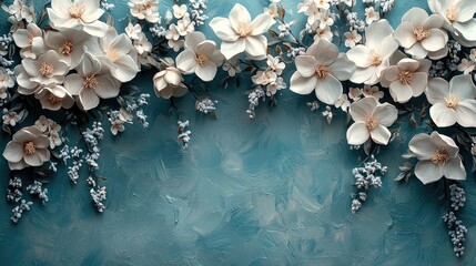 Elegant floral arrangement with white blossoms on a textured blue background, ideal for invitations