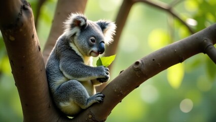 Obraz premium Adorable Koala Bear Gently Holds a Fresh Green Leaf While Perched on a Tree Branch in a Lush Natural Habitat