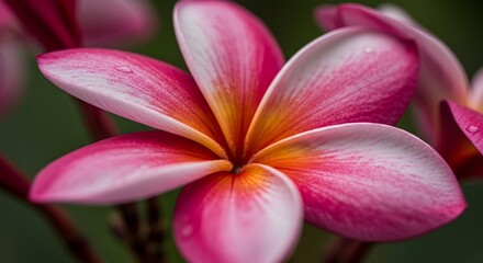 Fototapeta premium Pink Plumeria Flower Close-up with Water Droplets and Soft Focus Background