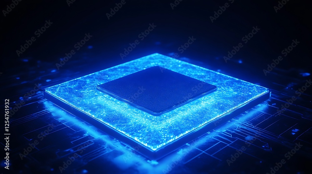 Poster futuristic microprocessor visualized with luminous blue light on circuit background for technology t