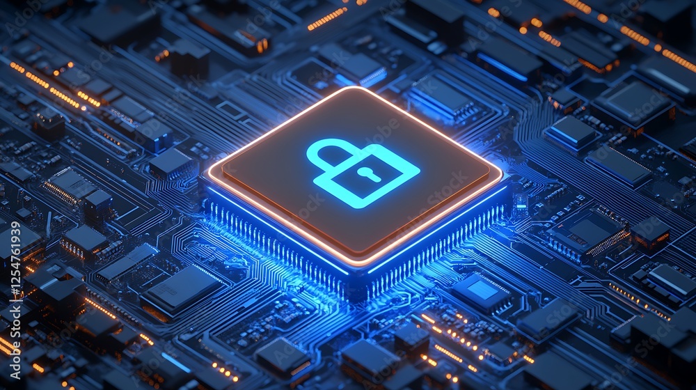 Poster futuristic microchip with lock icon on circuit board representing digital security and data protecti