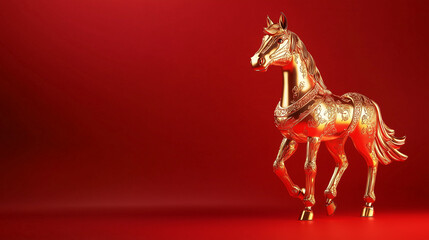 golden horse, metallic horse isolated on red background, year of the horse Chinese new year concept