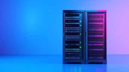 Futuristic Server Room with Colorful Neon Lights and Modern Technology for Data Management and Storage Solutions