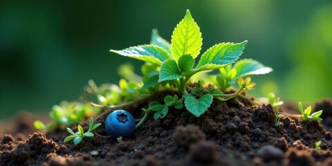 A vibrant young plant emerges from rich soil, a single ripe berry nestled at its base, bathed in the warm glow of sunlight.