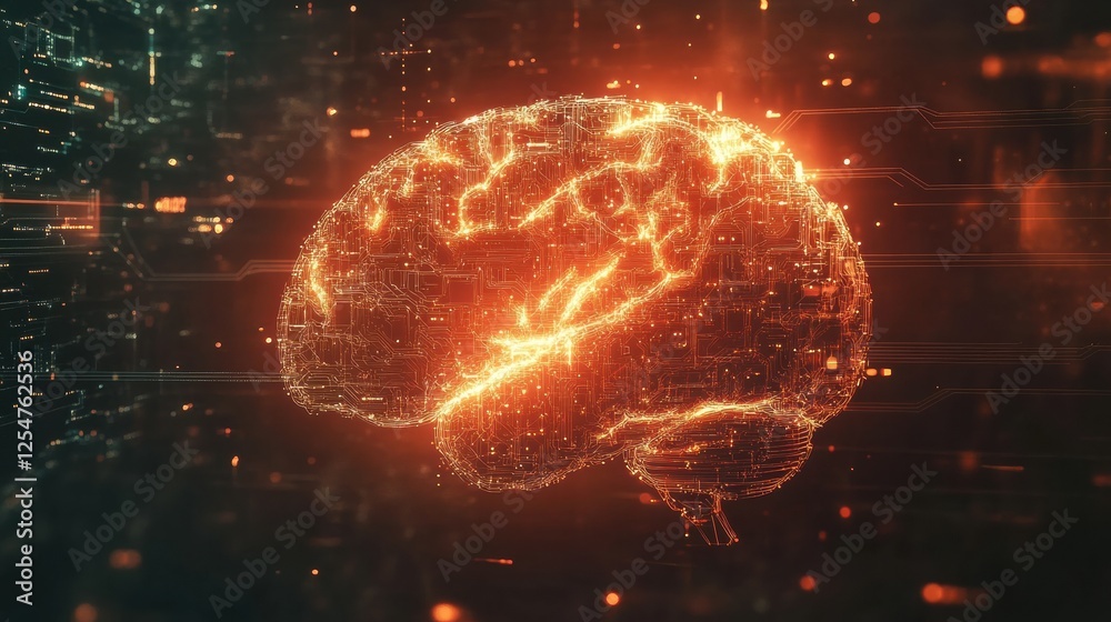 Aufkleber Mysterious abstract digital brain with glowing circuits illuminating a futuristic landscape. Generative AI