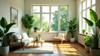 Sunlight-drenched living room with wooden floors, comfortable seating, and lush potted plants