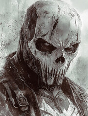 Grayscale Punisher: Skull-faced vigilante in a dark, gritty illustration. Menacing and detailed.