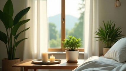 Fototapeta premium Serene bedroom sanctuary with natural light illuminating potted plants and softly glowing candles on a wooden side table